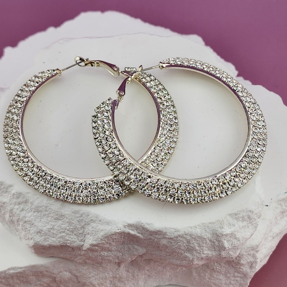 Clear Rhinestone Hoop Earrings Silver Tone Large Statement Glam Costume Jewelry